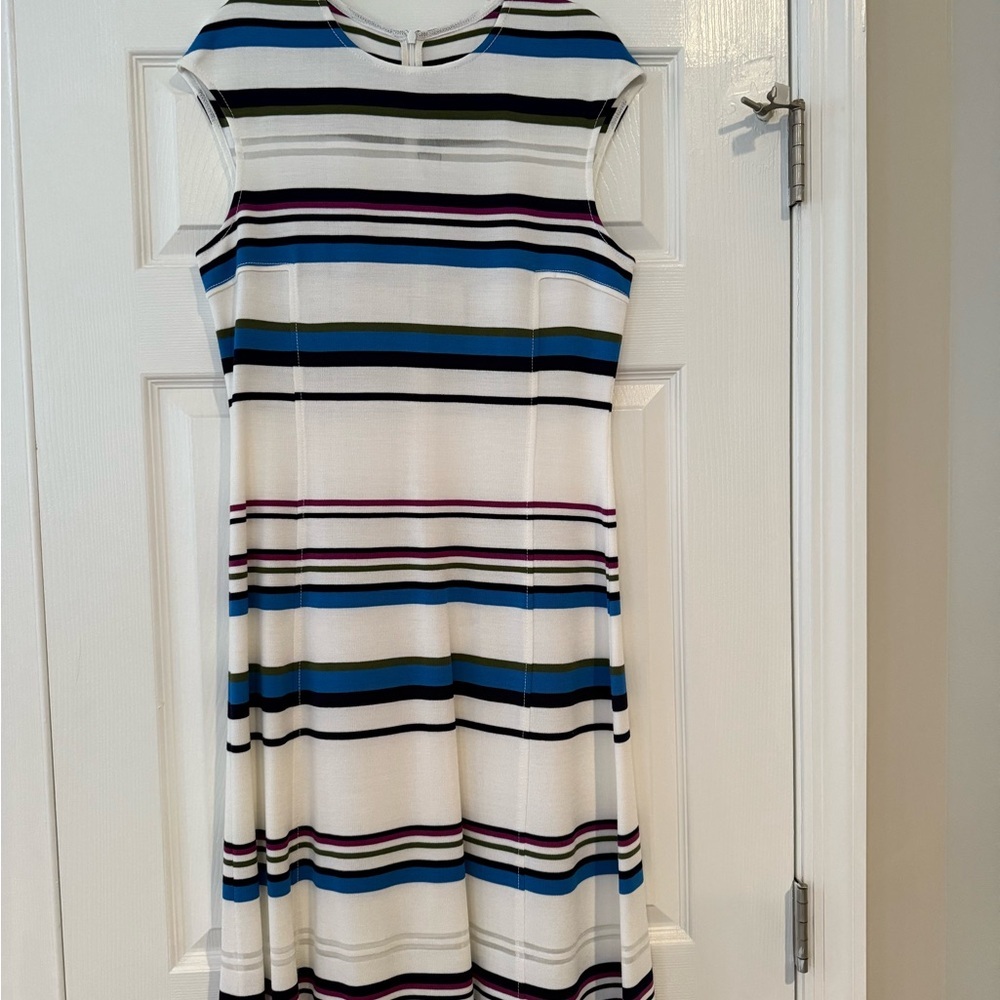 St. John Collection Sleeveless Dress With Strips, Round neck, Knee Length Size 8